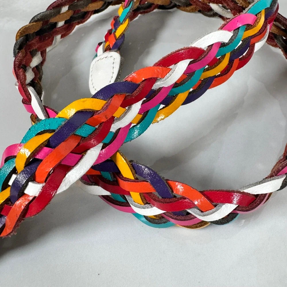 Vintage 90s  Braided Leather Belt‎ Colorful Rainbow Size M/L Made in Guatemala